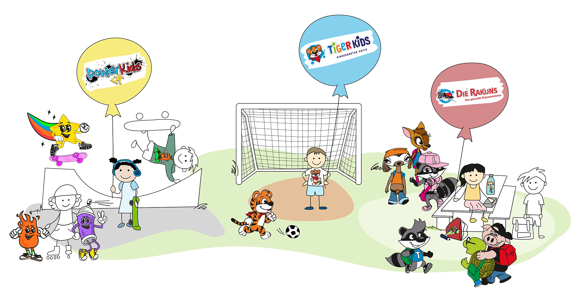 Abbildung zum Spendenshop der Stiftung Kindergesundheit. Illustration spielender Kinder und Programm-Maskottchen